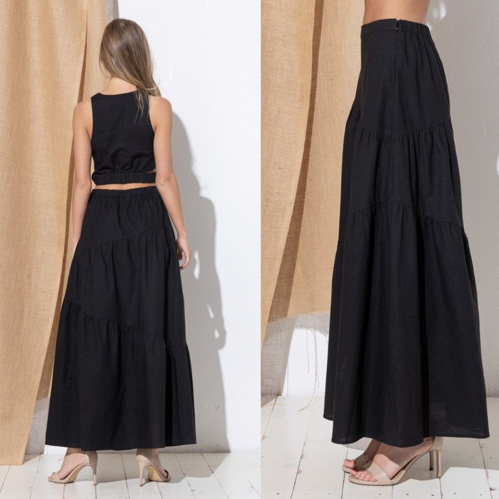 Linen & Cotton Blend Black Tiered Maxi Skirt